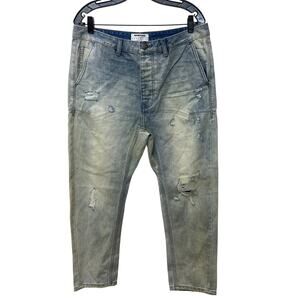 NWT Man x One Teaspoon Sz 32 Men’s Blue Light Wash Drop Crotch Distressed Jeans